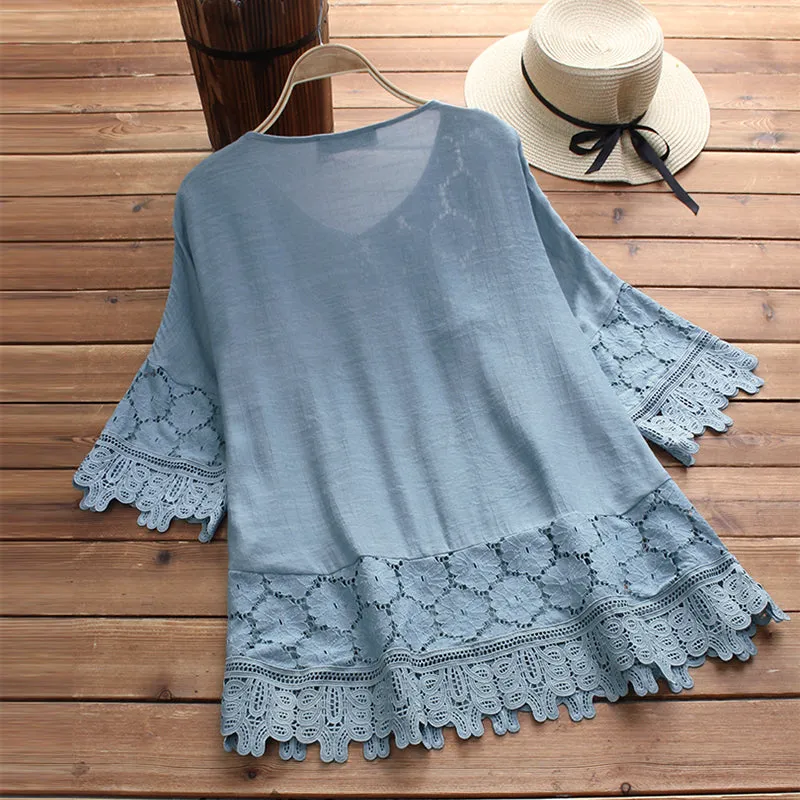 Women's Summer Casual Lace O-Neck Blouse | Plus Size