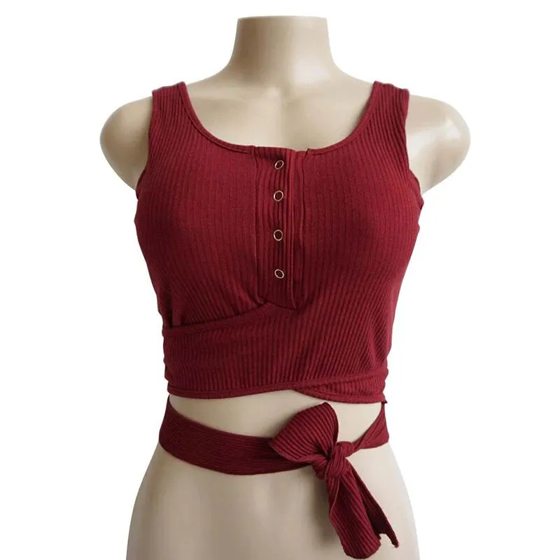 Women's Summer Cotton Wrap Stretch Lace-Up Crop Top With Bow