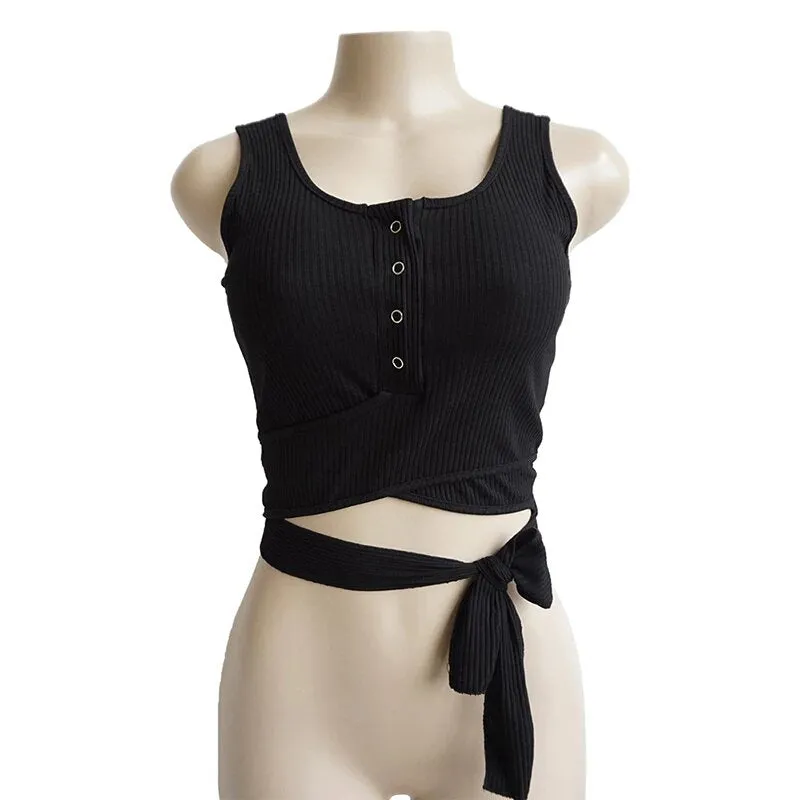 Women's Summer Cotton Wrap Stretch Lace-Up Crop Top With Bow