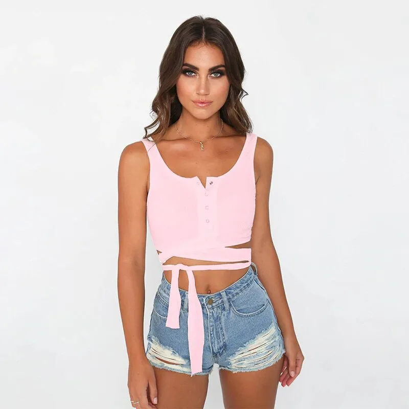 Women's Summer Cotton Wrap Stretch Lace-Up Crop Top With Bow