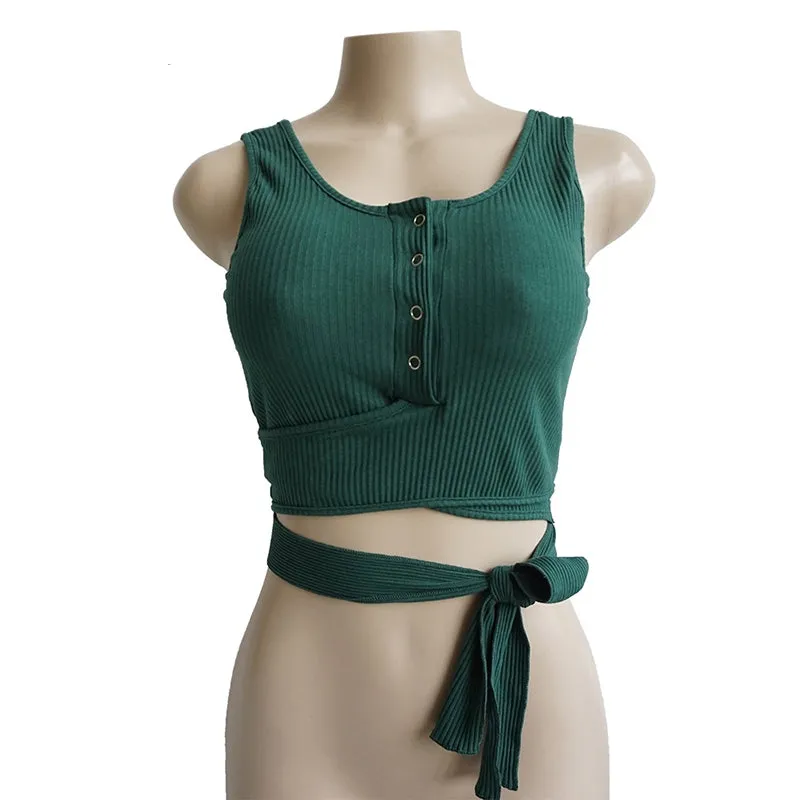 Women's Summer Cotton Wrap Stretch Lace-Up Crop Top With Bow