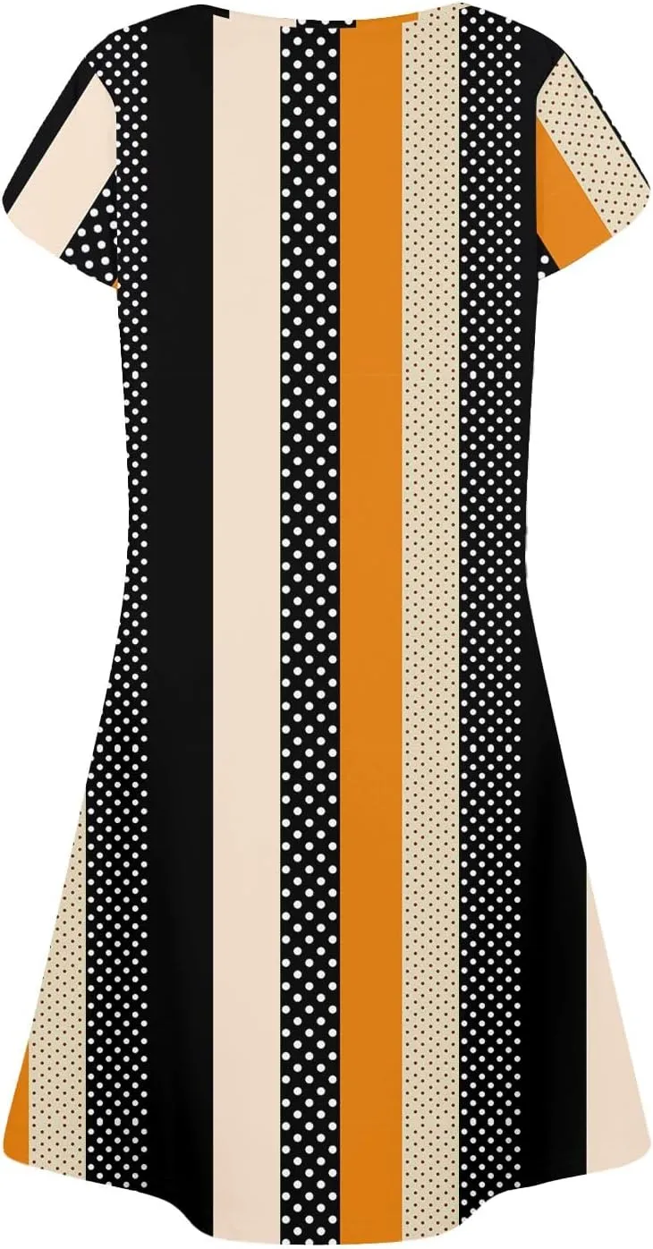 Womens Summer Dresses 2025 Trendy Printed Short Sleeve Spring Mini Dress Crewneck Casual Beach Vacation Dresses