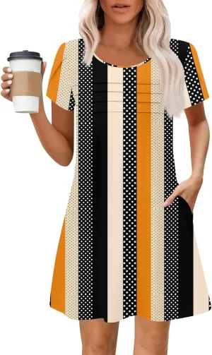 Womens Summer Dresses 2025 Trendy Printed Short Sleeve Spring Mini Dress Crewneck Casual Beach Vacation Dresses