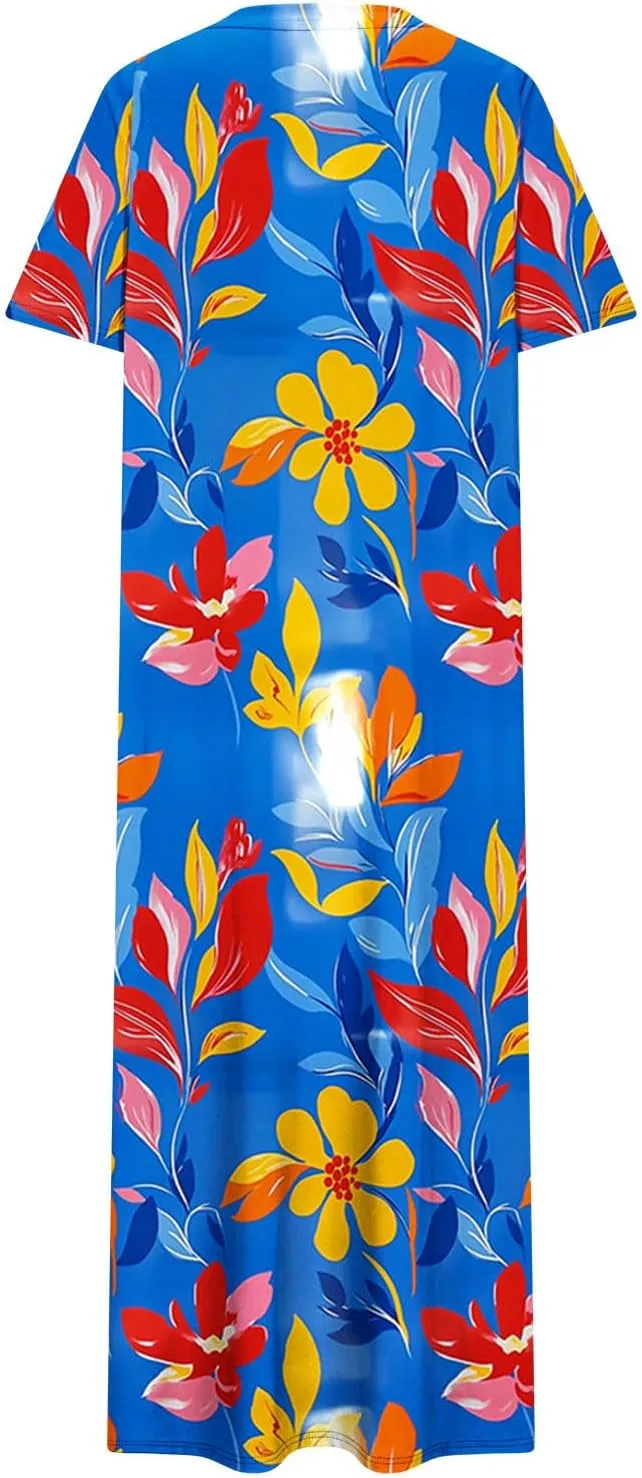 Womens Summer Dresses Short Sleeve Long T Shirt Dress Split Maxi Dress Boho Floral Print Beach Sundresses with Pockets