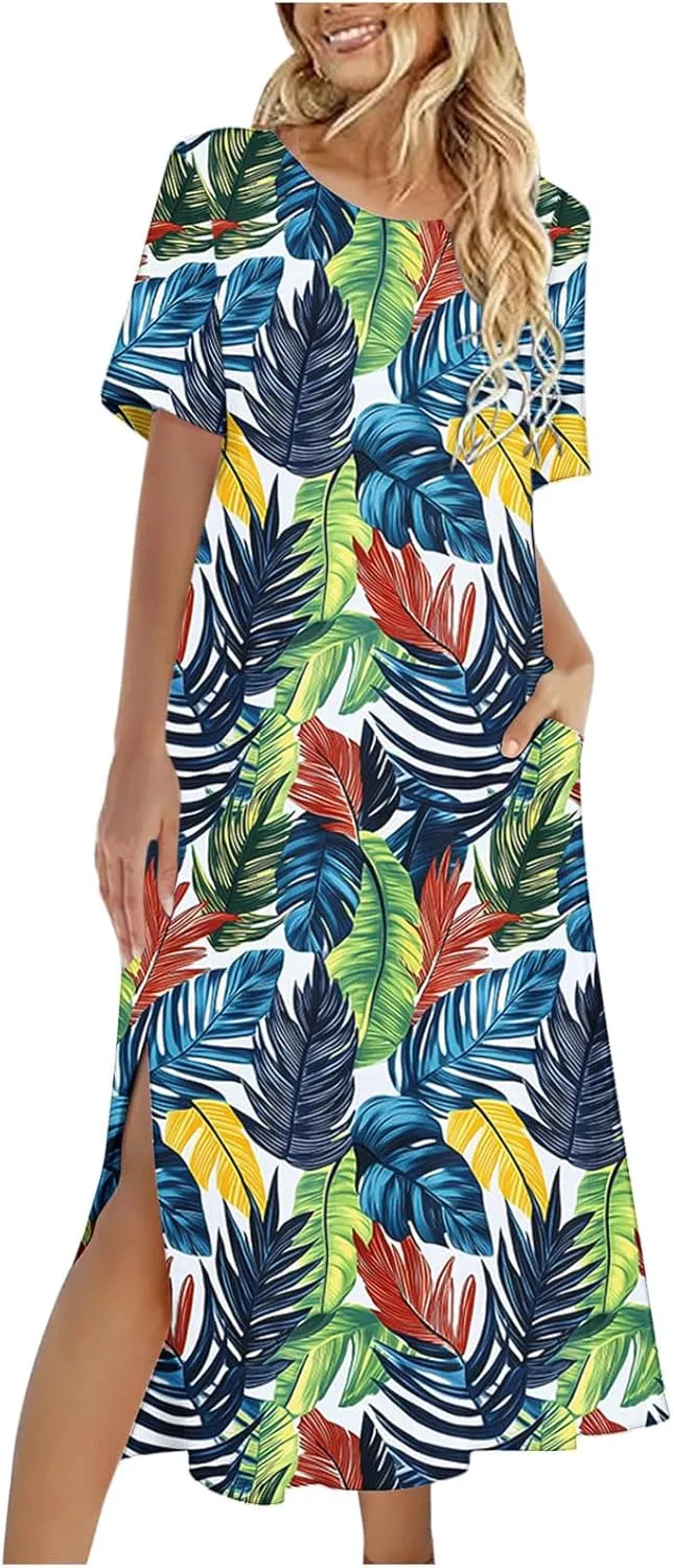 Womens Summer Dresses Short Sleeve Long T Shirt Dress Split Maxi Dress Boho Floral Print Beach Sundresses with Pockets