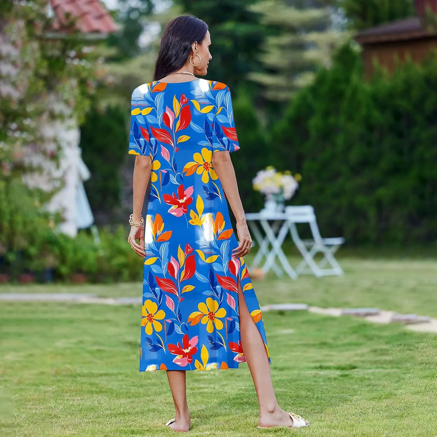 Womens Summer Dresses Short Sleeve Long T Shirt Dress Split Maxi Dress Boho Floral Print Beach Sundresses with Pockets