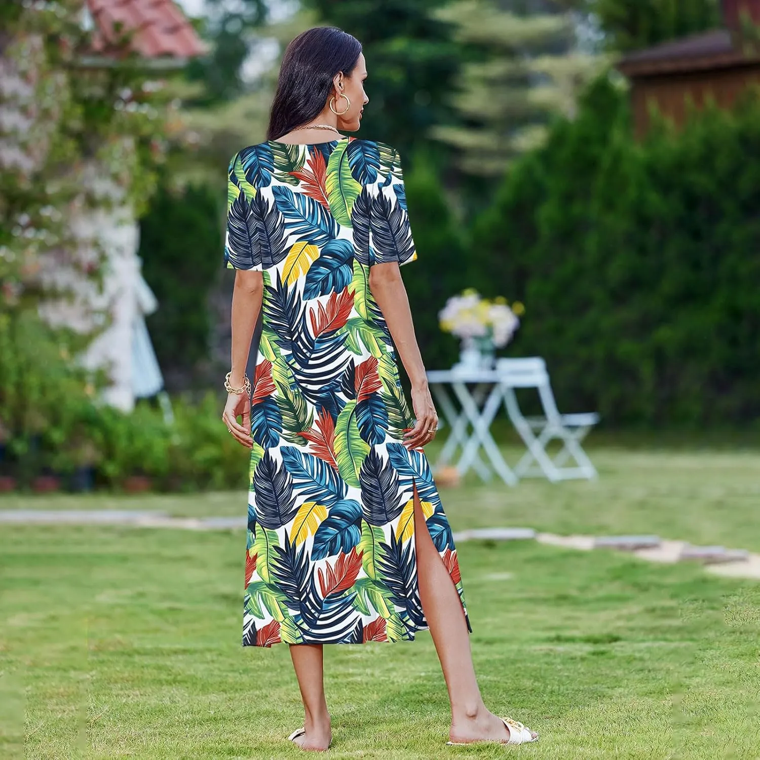 Womens Summer Dresses Short Sleeve Long T Shirt Dress Split Maxi Dress Boho Floral Print Beach Sundresses with Pockets
