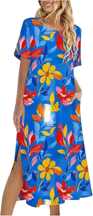 Womens Summer Dresses Short Sleeve Long T Shirt Dress Split Maxi Dress Boho Floral Print Beach Sundresses with Pockets