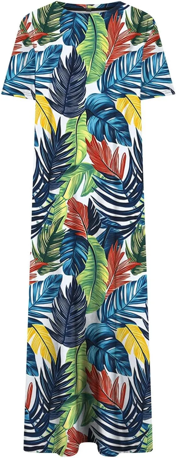 Womens Summer Dresses Short Sleeve Long T Shirt Dress Split Maxi Dress Boho Floral Print Beach Sundresses with Pockets