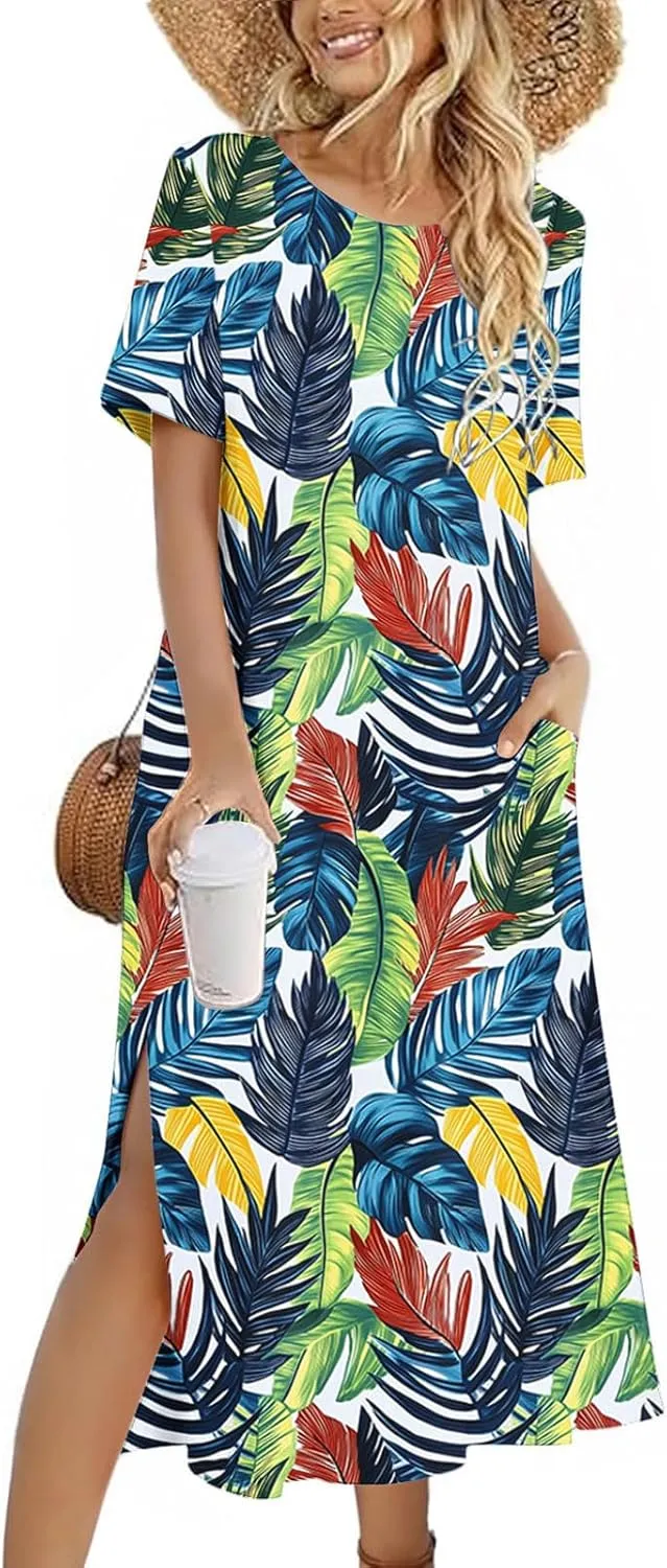 Womens Summer Dresses Short Sleeve Long T Shirt Dress Split Maxi Dress Boho Floral Print Beach Sundresses with Pockets