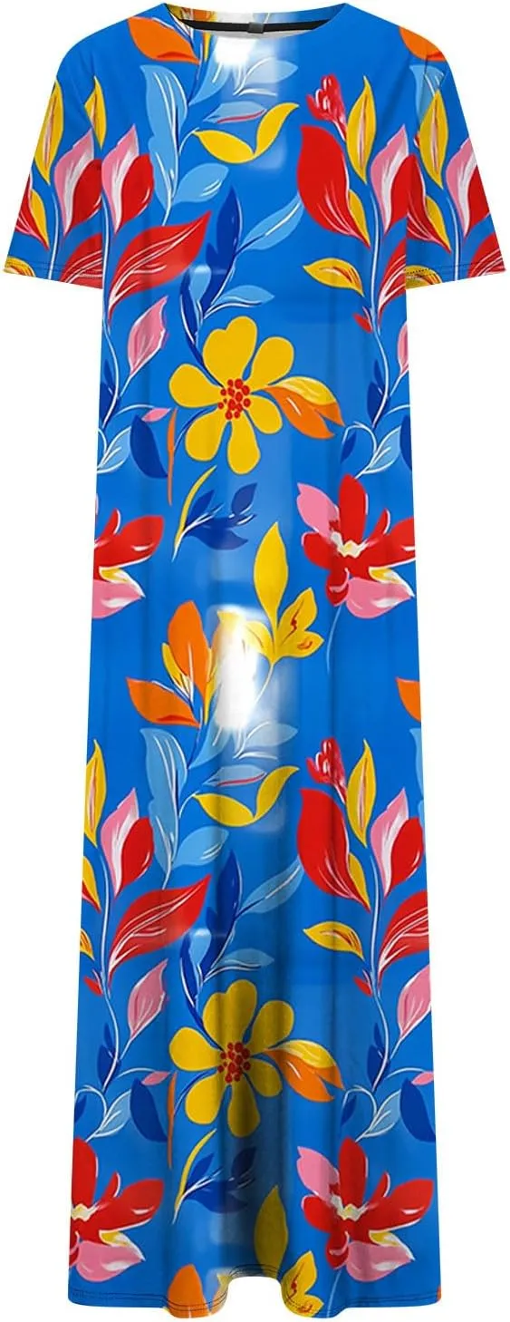 Womens Summer Dresses Short Sleeve Long T Shirt Dress Split Maxi Dress Boho Floral Print Beach Sundresses with Pockets