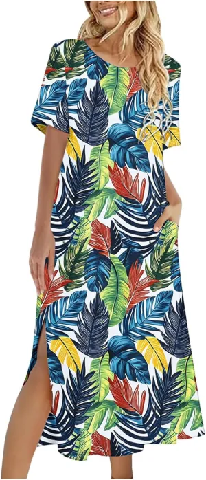 Womens Summer Dresses Short Sleeve Long T Shirt Dress Split Maxi Dress Boho Floral Print Beach Sundresses with Pockets