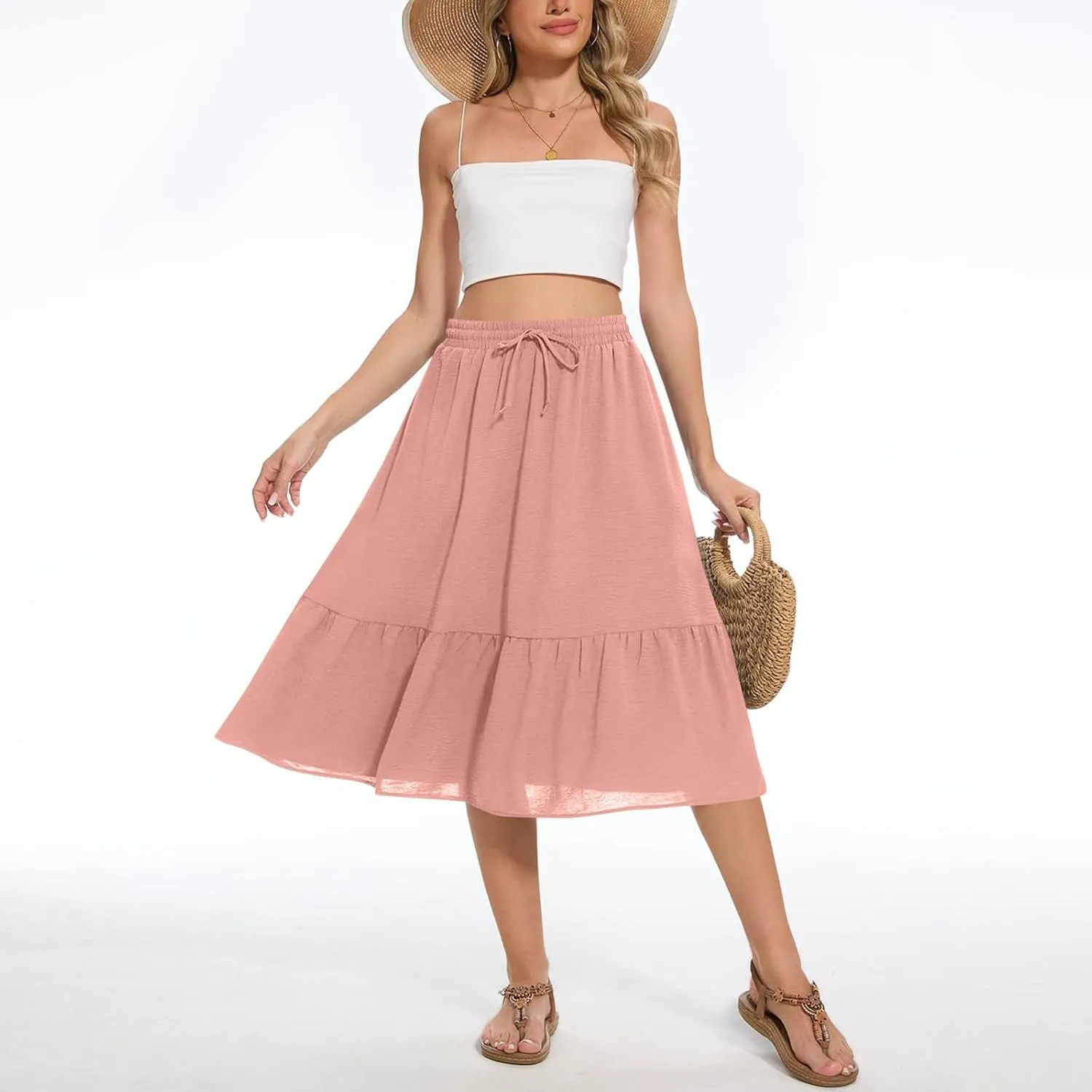 Women's Summer High Waisted Skirts Tiered Ruffle Skirts Boho Flowy Swing Pleated Skirt Casual A-Line Maxi Skirt