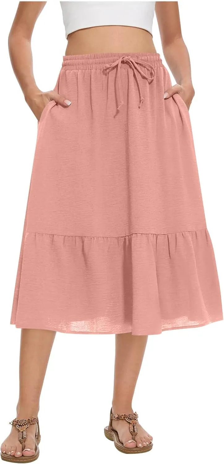 Women's Summer High Waisted Skirts Tiered Ruffle Skirts Boho Flowy Swing Pleated Skirt Casual A-Line Maxi Skirt