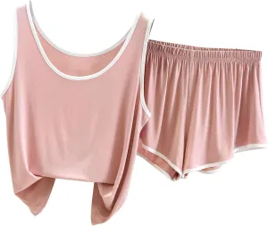 Womens Summer Pajama Sets Sleeveless Tank Tops and Elastic Waist Shorts Soft Casual Comfy Loose 2 Piece Nightwear Set