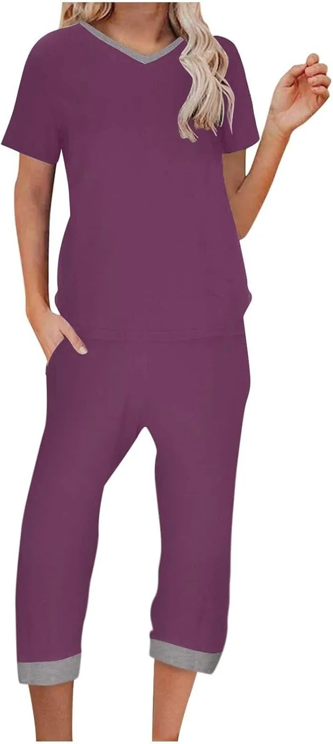 Women's Summer Pajamas Set V Neck Short Sleeve Tops With Capri Pants Pjs Lounge Sleepwear Set Soft Comfy With Pockets