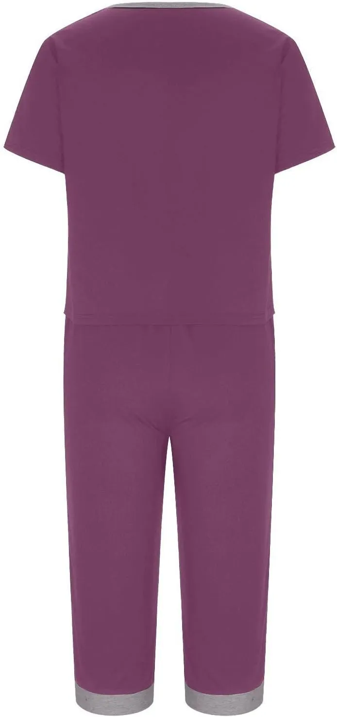 Women's Summer Pajamas Set V Neck Short Sleeve Tops With Capri Pants Pjs Lounge Sleepwear Set Soft Comfy With Pockets