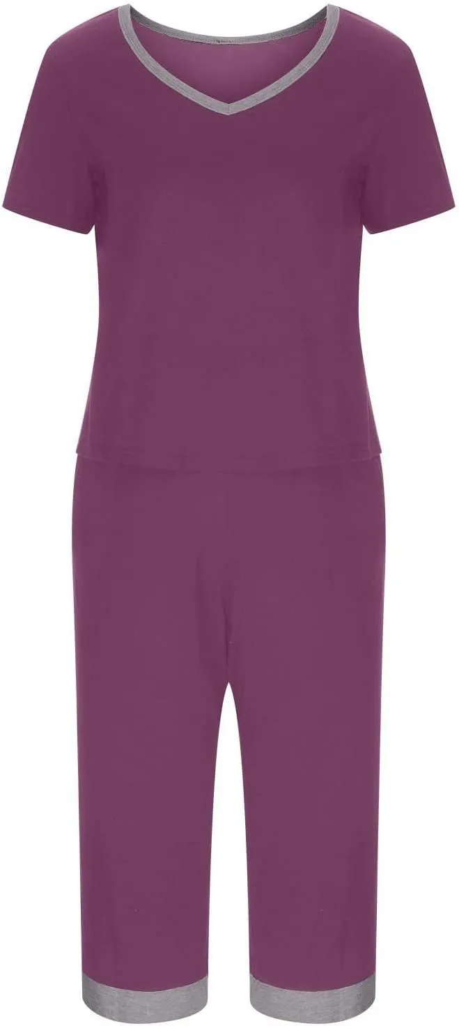 Women's Summer Pajamas Set V Neck Short Sleeve Tops With Capri Pants Pjs Lounge Sleepwear Set Soft Comfy With Pockets