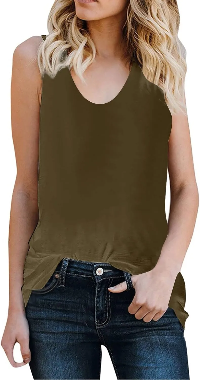 Women's Summer Tops Plus Size U Neck Summer T Shirts Sleeveless Casual Loose Tunic Classy Baseball Mom Blouses