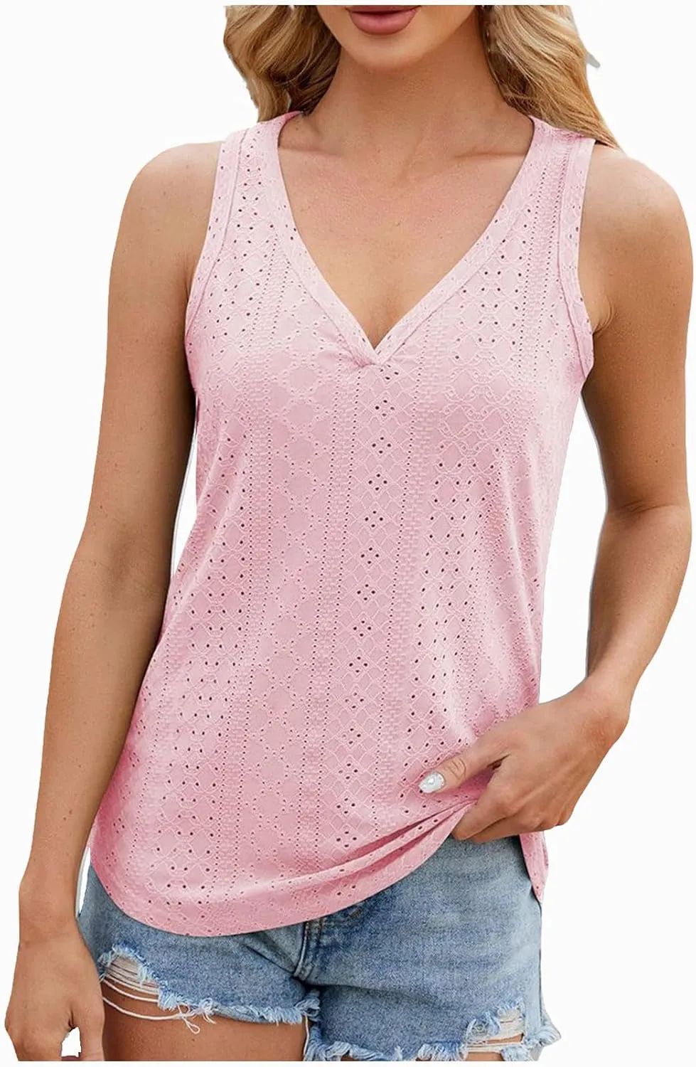 Women's Tank Tops Casual V Neck Summer Tops Sleeveless Eyelet Tunic Shirts 2024 Trendy Cami Knit Shirt Y2k Streetwear