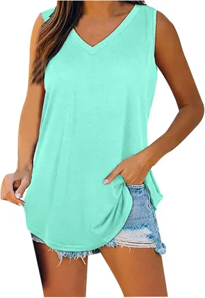 Women's Tank Tops Loose Fit Casual Sleeveless V Neck T Shirts Plus Size Comfy Blouses Trendy Summer Tops
