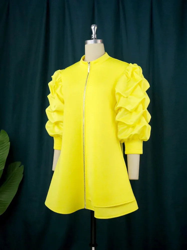 Women's Three Quater Puff Sleeve Fashion Designer Zipper Up Short Dresses (Plus Size)
