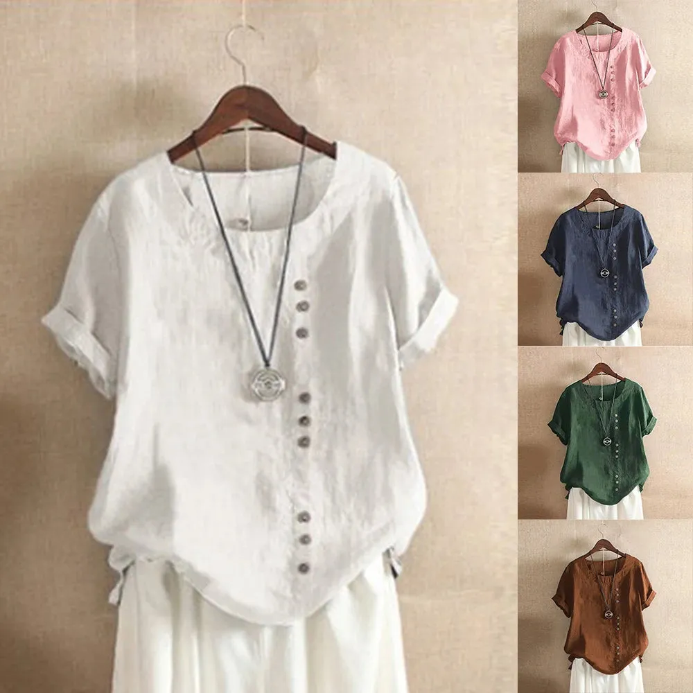 Women's Tunic 5XL Linen Button Fashion Designer T-Shirts (Plus Size)