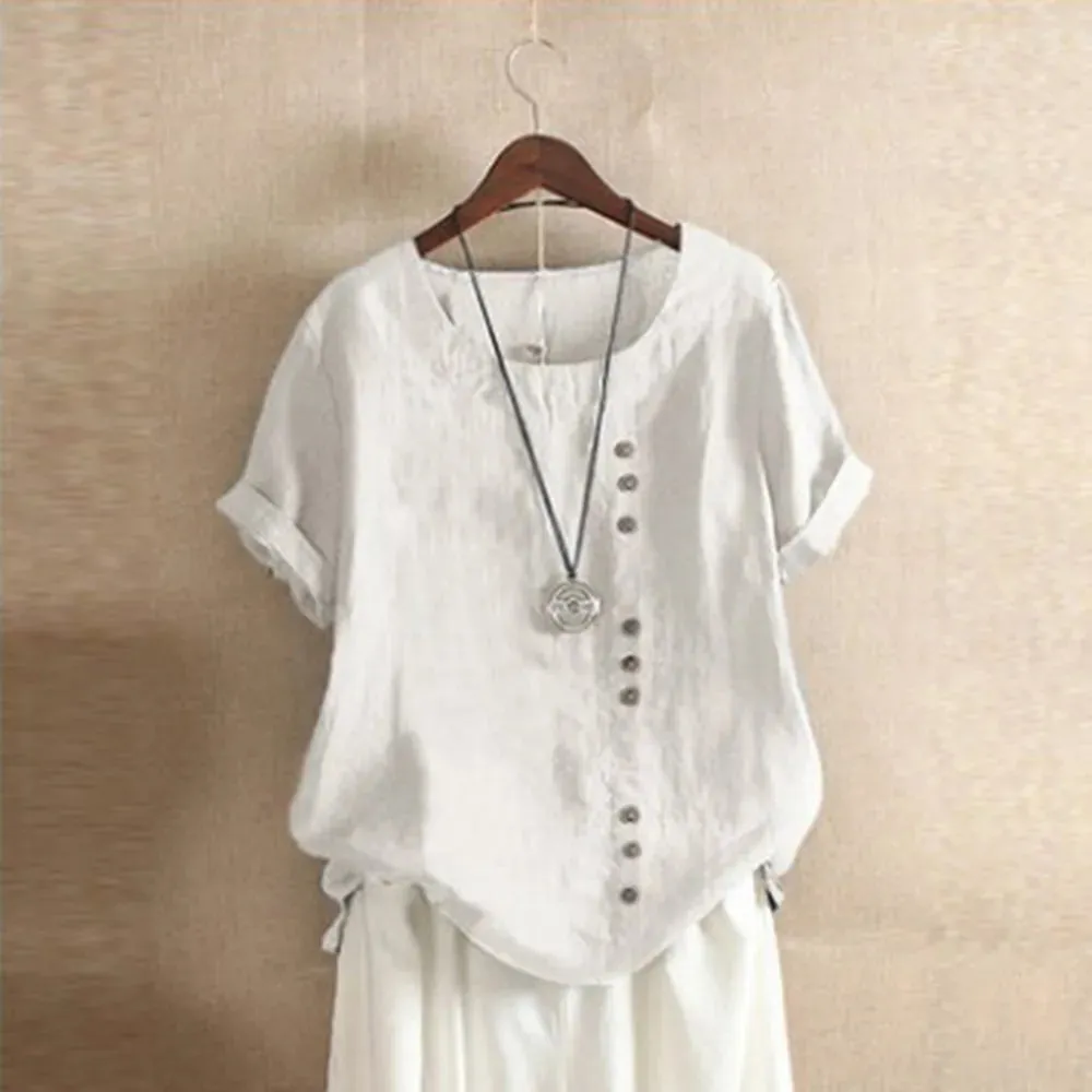 Women's Tunic 5XL Linen Button Fashion Designer T-Shirts (Plus Size)