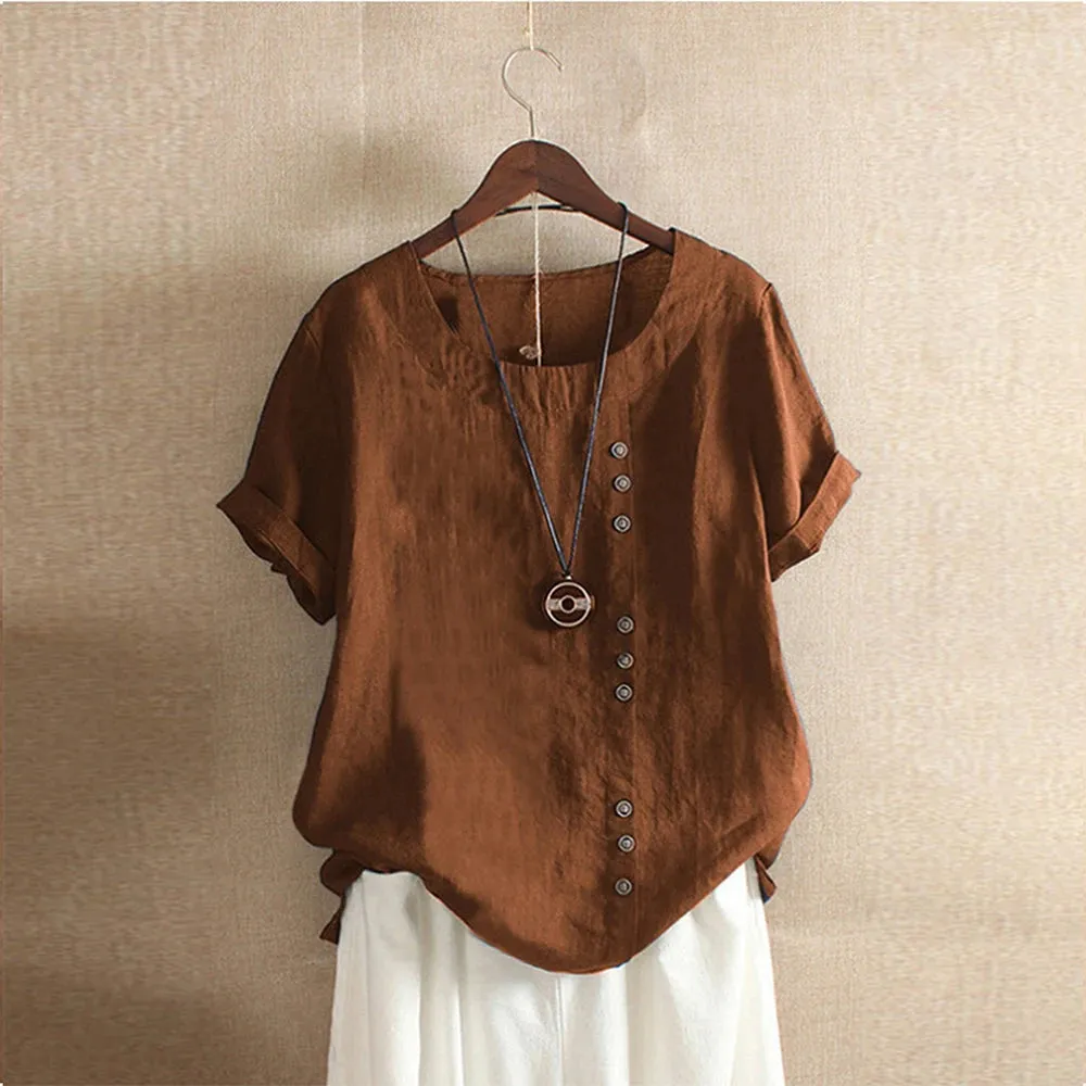 Women's Tunic 5XL Linen Button Fashion Designer T-Shirts (Plus Size)