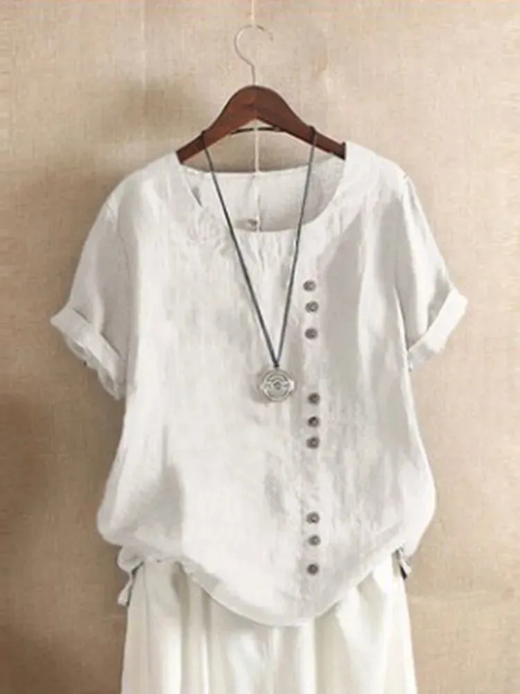 Women's Tunic 5XL Linen Button Fashion Designer T-Shirts (Plus Size)