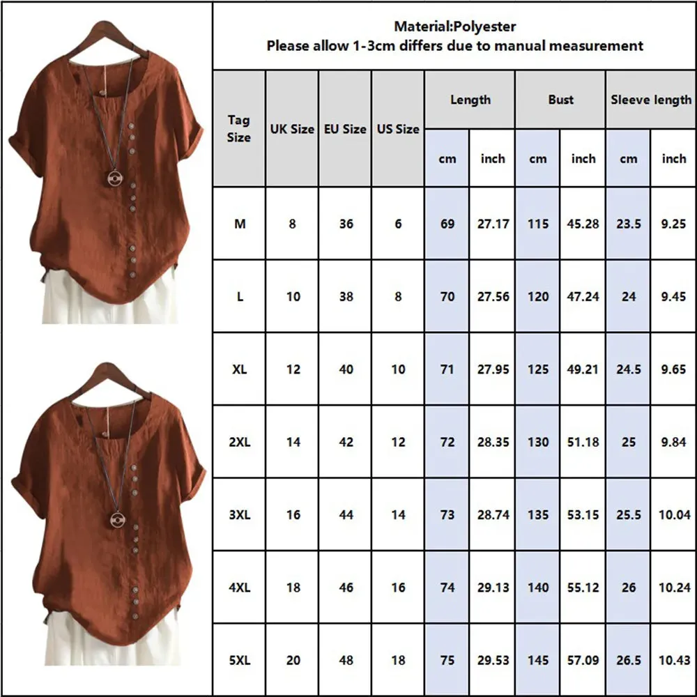 Women's Tunic 5XL Linen Button Fashion Designer T-Shirts (Plus Size)