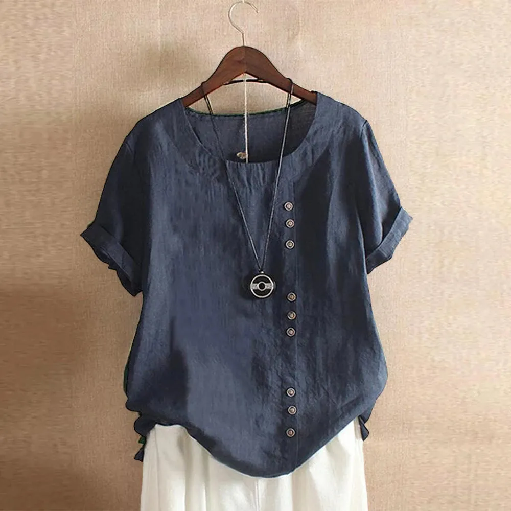 Women's Tunic 5XL Linen Button Fashion Designer T-Shirts (Plus Size)