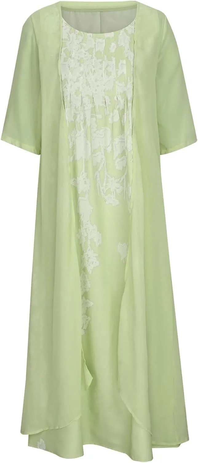 Womens Two-Piece Set Floral Print Midi Sleeveless Dress with Cardigan Chiffon Flowy Plus Size Wedding Guest Dresses