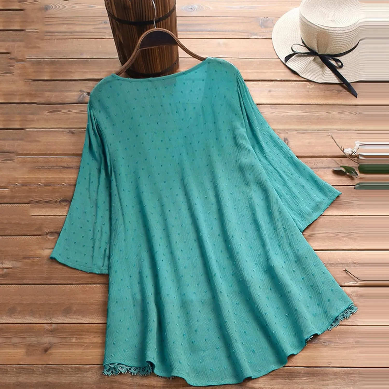 Womens Vintage Jacquard Three Quarter Lace V-Neck Plus Size Top Tee Blouse