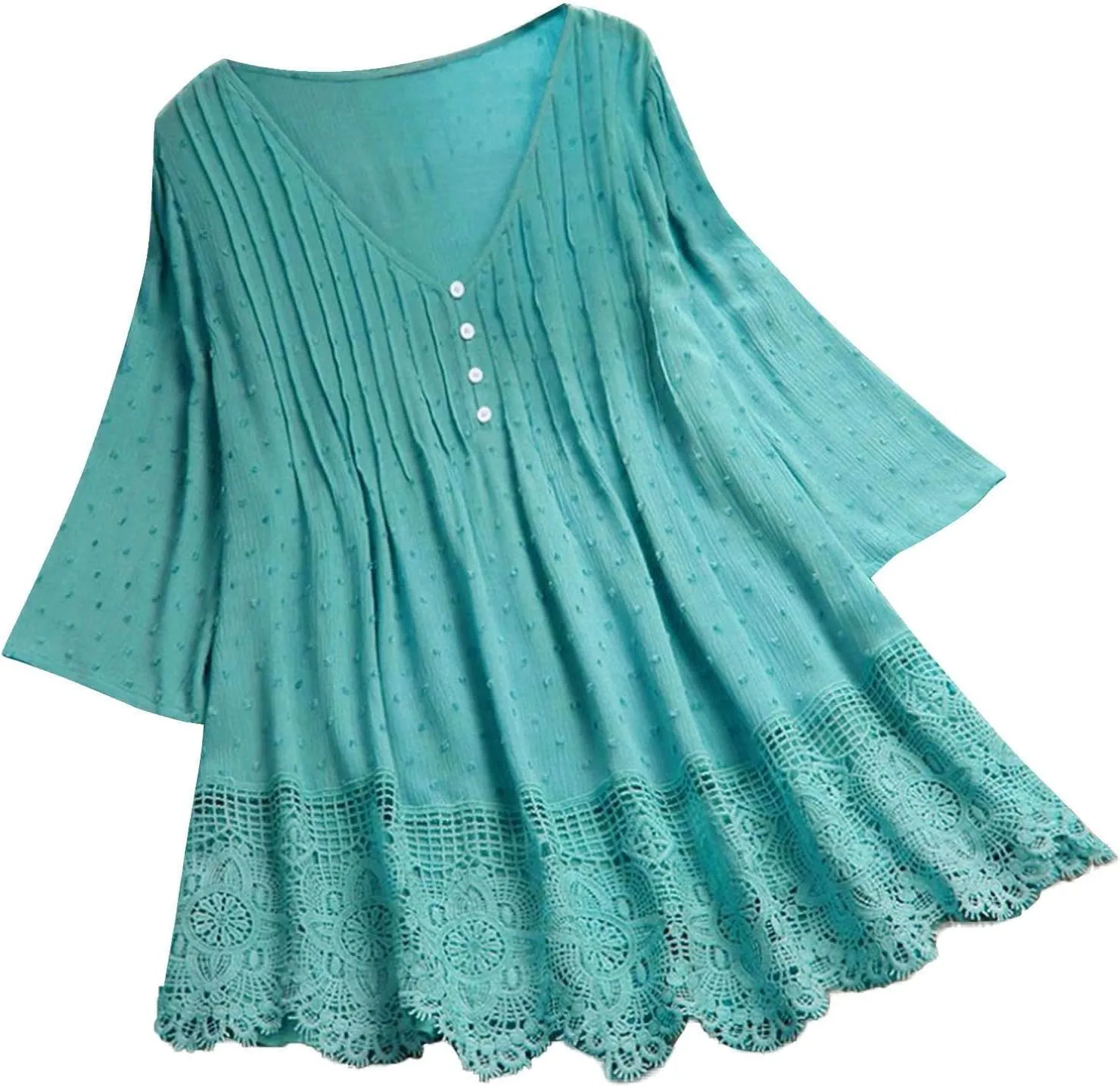 Womens Vintage Jacquard Three Quarter Lace V-Neck Plus Size Top Tee Blouse