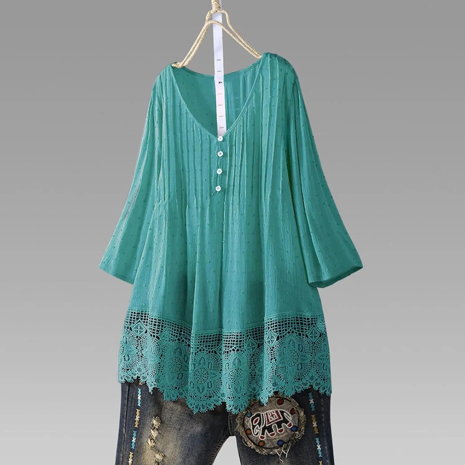 Womens Vintage Jacquard Three Quarter Lace V-Neck Plus Size Top Tee Blouse