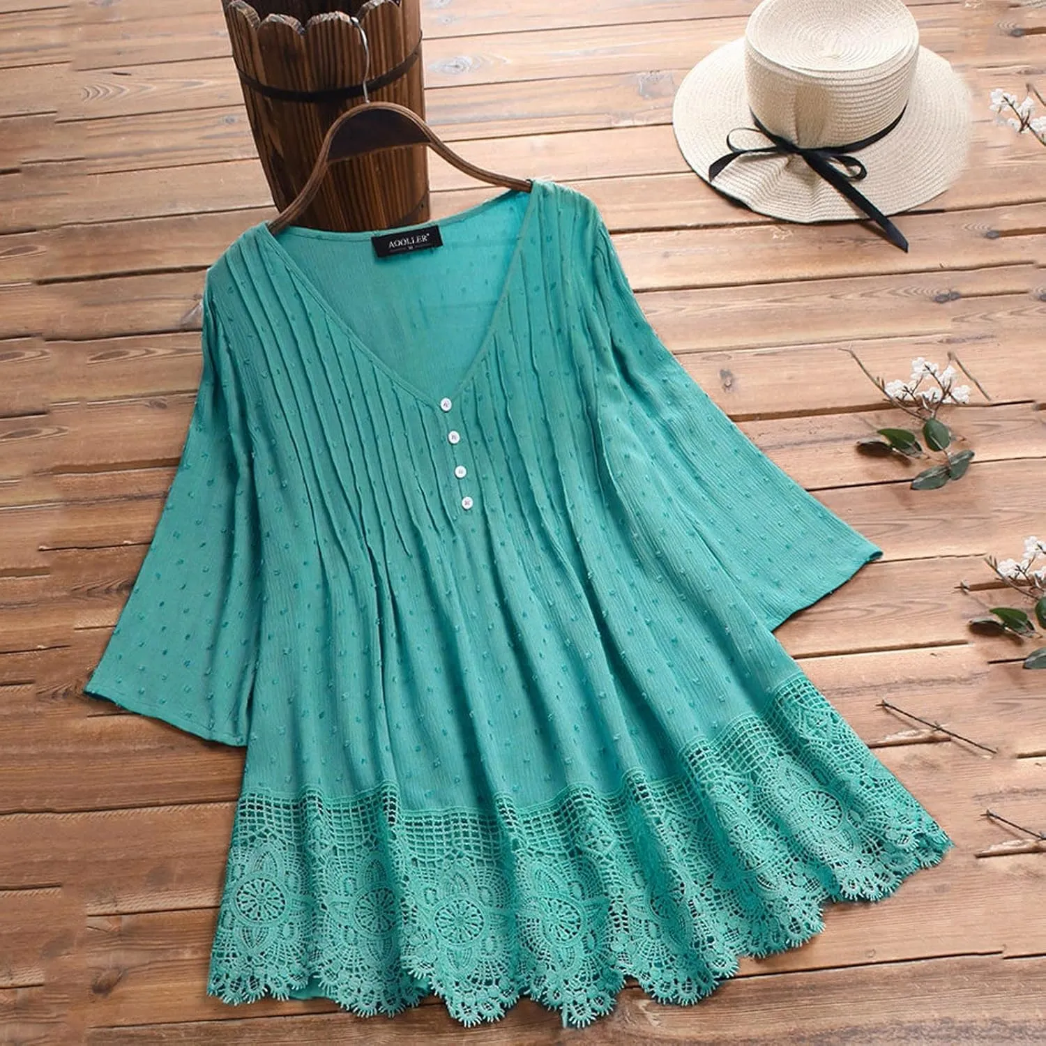 Womens Vintage Jacquard Three Quarter Lace V-Neck Plus Size Top Tee Blouse