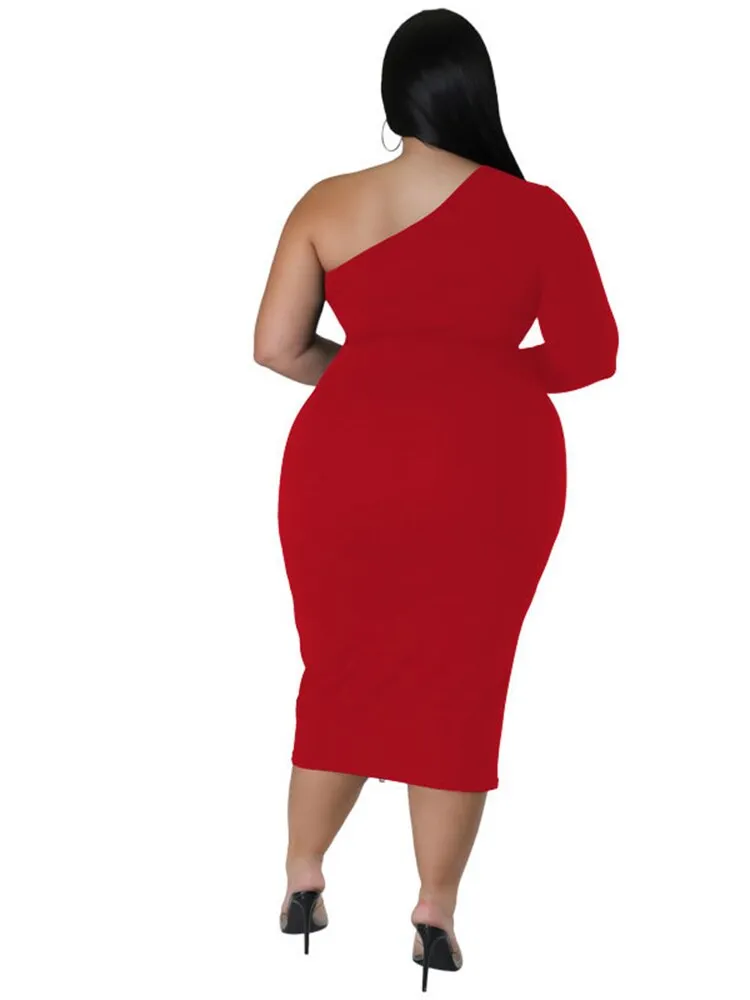 Women's Zipper Fashion Designer One Sleeved Midi Dresses (Plus Size)