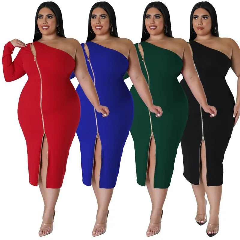 Women's Zipper Fashion Designer One Sleeved Midi Dresses (Plus Size)