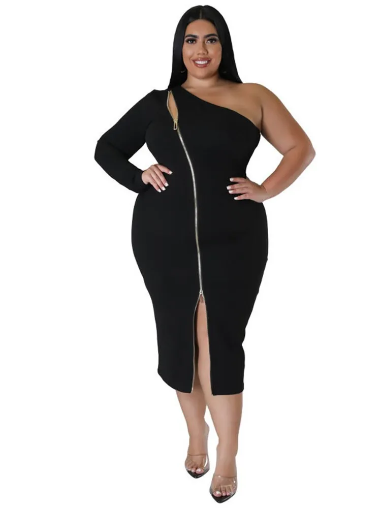 Women's Zipper Fashion Designer One Sleeved Midi Dresses (Plus Size)
