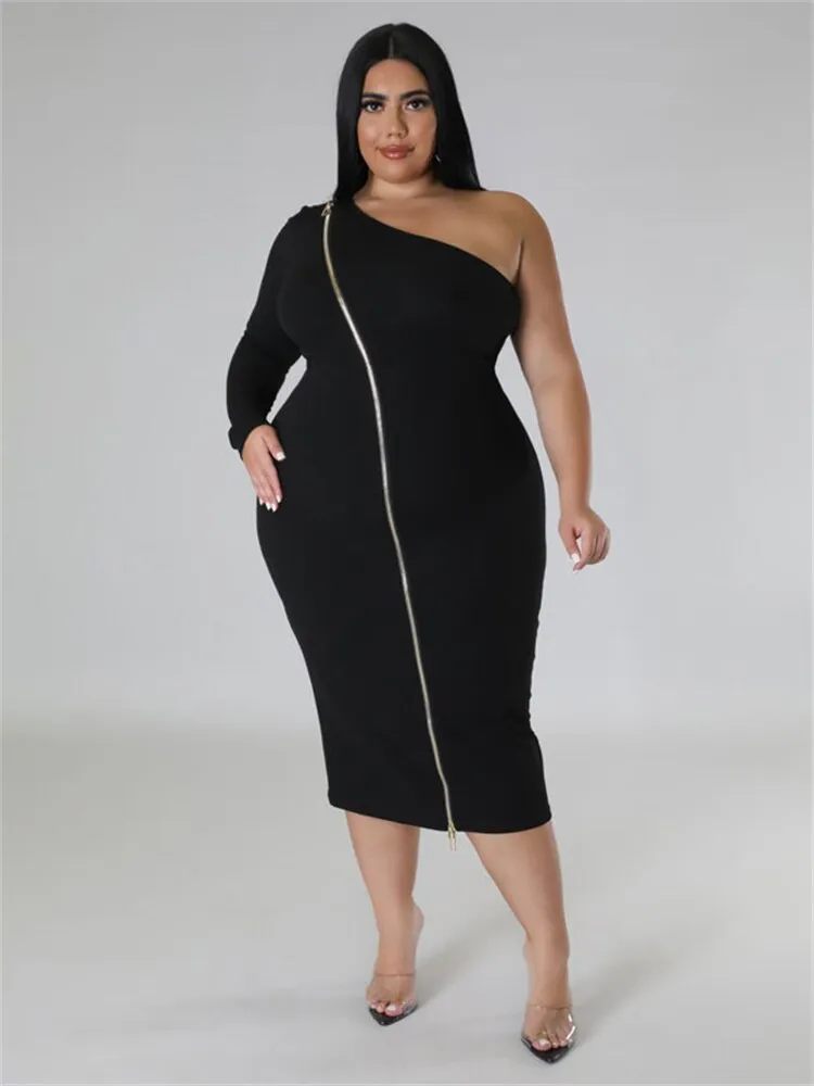 Women's Zipper Fashion Designer One Sleeved Midi Dresses (Plus Size)