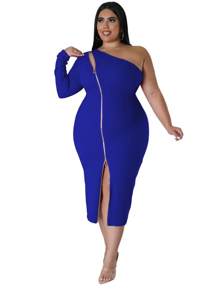 Women's Zipper Fashion Designer One Sleeved Midi Dresses (Plus Size)