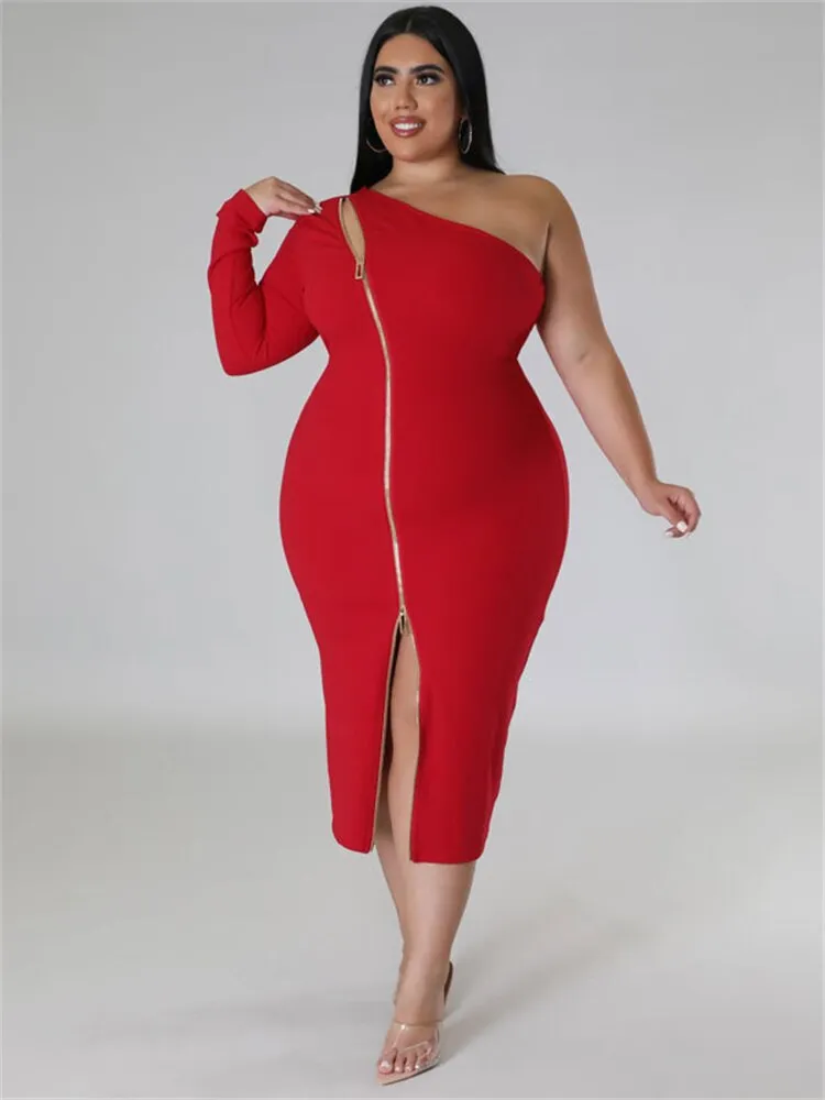 Women's Zipper Fashion Designer One Sleeved Midi Dresses (Plus Size)