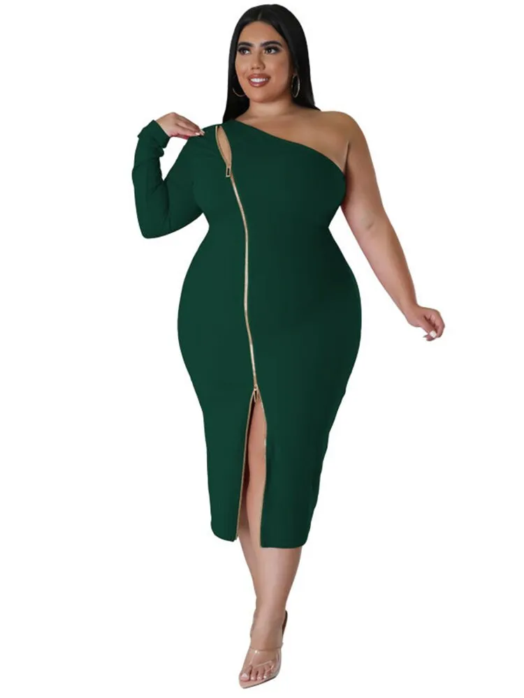 Women's Zipper Fashion Designer One Sleeved Midi Dresses (Plus Size)