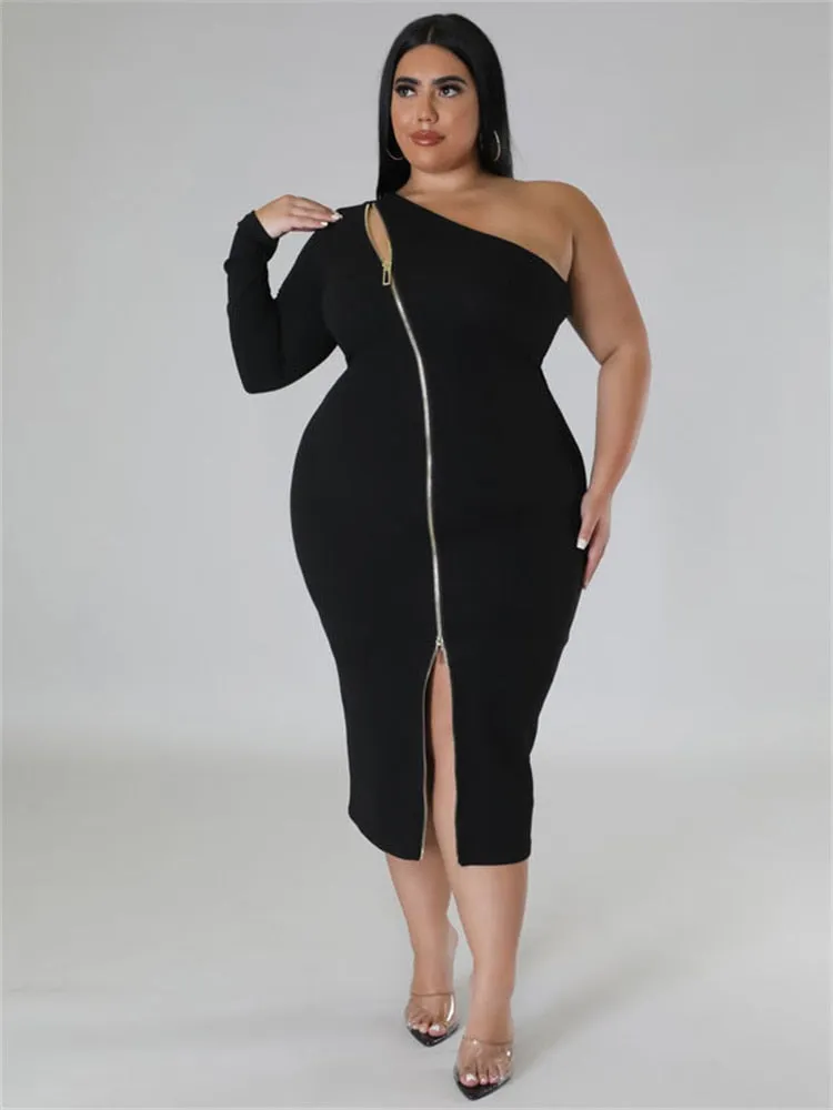 Women's Zipper Fashion Designer One Sleeved Midi Dresses (Plus Size)