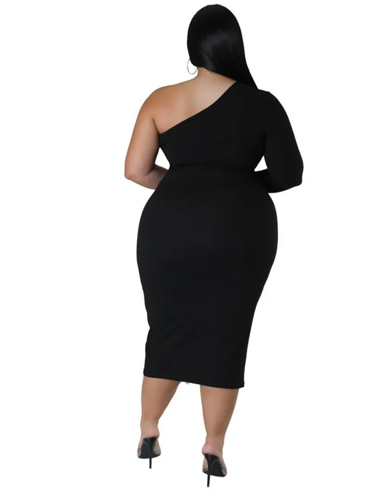 Women's Zipper Fashion Designer One Sleeved Midi Dresses (Plus Size)