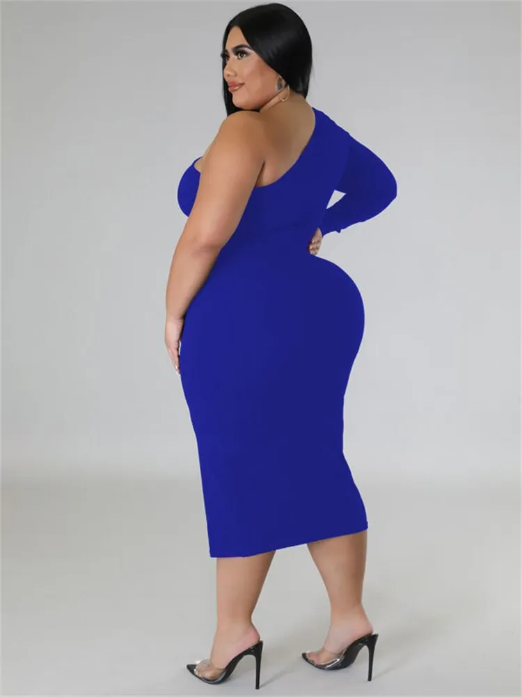 Women's Zipper Fashion Designer One Sleeved Midi Dresses (Plus Size)