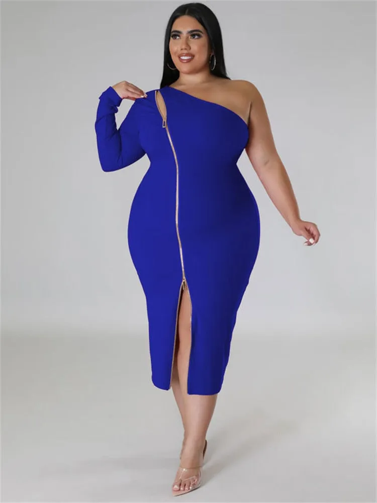 Women's Zipper Fashion Designer One Sleeved Midi Dresses (Plus Size)