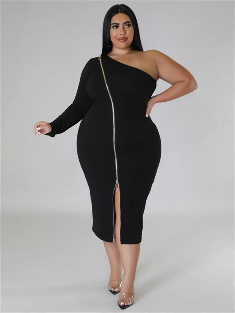 Women's Zipper Fashion Designer One Sleeved Midi Dresses (Plus Size)