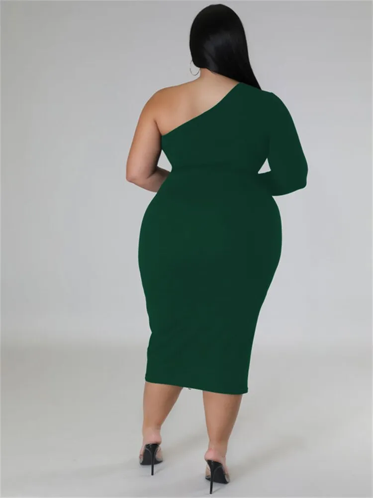 Women's Zipper Fashion Designer One Sleeved Midi Dresses (Plus Size)